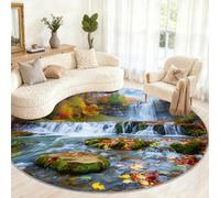 Genérico Waterfall Round Rugs for Living Room - Autumn Forest Area Rug 120cm, Scenery, Non-Slip Low Pile, Landscape Home Decor & Gifts