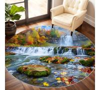 Genérico Waterfall Round Rugs for Living Room - Autumn Forest Area Rug 180cm, Scenery, Non-Slip Low Pile, Landscape Home Decor & Gifts