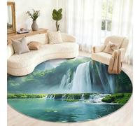 Genérico Waterfall Round Rugs for Living Room - Forest Mountain Area Rug 150cm, Scenery, Non-Slip Low Pile, Landscape Home Decor & Gifts
