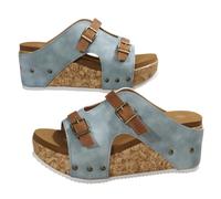 Genérico Wedge Sandals for Women Comfortable Platform Slip On Sandals Faux Cork Open Toe Casual Summer Slides Walking Outdoor Beach Chunky Heel Everyday Sandals (blue,43)