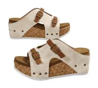 Genérico Wedge Sandals for Women Comfortable Platform Slip On Sandals Faux Cork Open Toe Casual Summer Slides Walking Outdoor Beach Chunky Heel Everyday Sandals (beige,37)