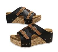 Genérico Wedge Sandals for Women Comfortable Platform Slip On Sandals Faux Cork Open Toe Casual Summer Slides Walking Outdoor Beach Chunky Heel Everyday Sandals (black,43)