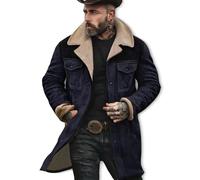 Genérico Western Jacket For Men Vintage Cowboy Suede Jacket Plush Collar Trench Coat Faux Leather Zip Up Casual Retro Winter Top (Navy Blue + Black,M)