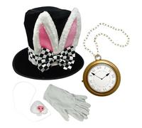Generico White Rabbit Costume Accessory Set - Bunny Ear Top Hat Nose Clock Gloves, 4 Piece Cosplay Kit, Role Playing Halloween Easter Costume Supplies, Celebration Outfit for Adults Teens Fun Dress