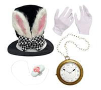 Genérico White Rabbit Costume Accessory Set - Four Piece Classic Cosplay Kit, Plush Bunny Ears and Tail with Satin Bow Tie, Sturdy Metal Clock Prop, Ideal for Easter Halloween Workplace Party