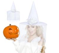 Genérico White Witch Bridal Hat - Elegant Witch Hat with Velo | Halloween Bride Hexennhut | de bruja blanca con accesorios de flores de velo para traje de bruja mágica para mujeres y niñas