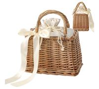 Genérico Wicker Beach Bag - 8.86in Woven Tote | Artificial Wicker Bag - Large capacity easy access with ribbon for phone wallet sunglasses cosmetics commuting vacation festival pool use