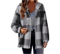 Genérico Winter Coats for Women Casual Comfort Long Sleeve Fluffy Hoodie 2025 Warm Fuzzy Fleece Zip Up Plaid Hooded Jacket (coffee,XL)