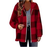 Genérico Winter Coats for Women Casual Comfort Long Sleeve Fluffy Hoodie 2025 Warm Fuzzy Fleece Zip Up Plaid Hooded Jacket (red,XXL)