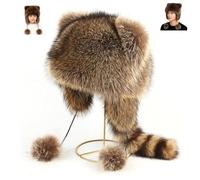 Genérico Winter Cute Raccoon Plush Hats, Faux Fur Raccoon Tail Parent-Child Plush Hat with Tail, Soft Cozy Thick Warm Furry Hat (4-15years)