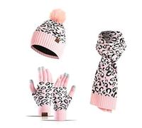 Genérico Winter Hats Scarf with Gloves - Beanie Hat Set For Women Girls, Thermal Warm Knitted Beanie Cap,Warm Knit Winter Hat and Scarf Combo, Cute Leopard Print Accessories, For Her