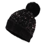 Genérico Winter Sparkly Sequin Fur Pom Beanie, Women Sequin Knitted Skull Cap (Black-A)