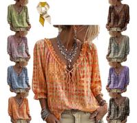 Genérico Women 3/4 Sleeve V-Neck Polka Dot Lace Up Blouse,Drawstring Lace-Up Ruffle Trim Shirt,Summer Casual Loose Flowy Shirts Top (FR/ES, Letras, XXL, Regular, Regular, Orange)