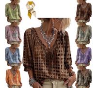 Genérico Women 3/4 Sleeve V-Neck Polka Dot Lace Up Blouse,Drawstring Lace-Up Ruffle Trim Shirt,Summer Casual Loose Flowy Shirts Top (FR/ES, Letras, L, Regular, Regular, Brown)