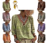 Genérico Women 3/4 Sleeve V-Neck Polka Dot Lace Up Blouse,Drawstring Lace-Up Ruffle Trim Shirt,Summer Casual Loose Flowy Shirts Top (FR/ES, Letras, 3XL, Regular, Regular, Green)