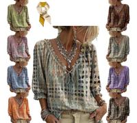 Genérico Women 3/4 Sleeve V-Neck Polka Dot Lace Up Blouse,Drawstring Lace-Up Ruffle Trim Shirt,Summer Casual Loose Flowy Shirts Top (FR/ES, Letras, 3XL, Regular, Regular, Beige)