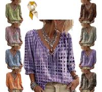 Genérico Women 3/4 Sleeve V-Neck Polka Dot Lace Up Blouse,Drawstring Lace-Up Ruffle Trim Shirt,Summer Casual Loose Flowy Shirts Top (FR/ES, Letras, XL, Regular, Regular, Purple)