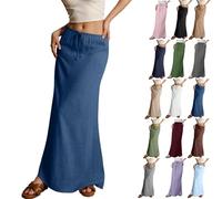 Genérico Women Boho Linen Maxi Skirts Trendy Comfy Drawstring Waist A Line Cute Bohemian 2025 Summer Vacation Flowy Skirts (Dark Blue,S)