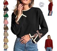 Genérico Women Crew Neck Sweater Leopard Bow Split Cuff Knit Pullover | features a split-cuff design a ribbed crew neck with contrasting trim, soft fabric and a loose comfortable fit