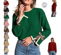 Genérico Women Crew Neck Sweater Leopard Bow Split Cuff Knit Pullover | features a split-cuff design a ribbed crew neck with contrasting trim, soft fabric and a loose comfortable fit