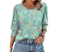 Genérico Women Dressy Casual 3/4 Length Sleeve Womens Tops with Smocked Cuffs, Vintage Floral Printed Smocked Cuffs Blouses Casual Loose Fit Tunic Tops (G,M)