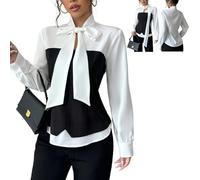 Genérico Women Elegant V-Neck Long Sleeved Shirt Simple Black and White Waist Cinched Work Blouses Tops Commuting Shirt (Black and White Blend,XXL)