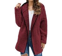 Genérico Women Fleece Sherpa Jackets Cozy Soft Shaggy Fluffy Fuzzy Coats with Pockets Oversized Open Front Hooded Cardigan (wine,S)