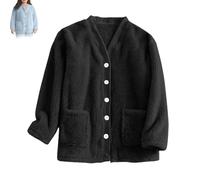 Genérico Women Fuzzy Fleece Jacket Pajama Tops V-Neck Button Down Sleepwear Loose at Home Casual Warm Winter Coat with Pockets (Black,L)