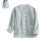 Genérico Women Fuzzy Fleece Jacket Pajama Tops V-Neck Button Down Sleepwear Loose at Home Casual Warm Winter Coat with Pockets (Gray,S)