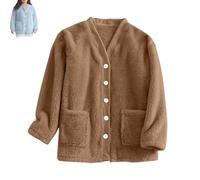 Genérico Women Fuzzy Fleece Jacket Pajama Tops V-Neck Button Down Sleepwear Loose at home Casual Warm Winter Coat with Pockets (Brown,XXL)