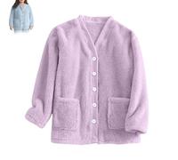 Genérico Women Fuzzy Fleece Jacket Pajama Tops V-Neck Button Down Sleepwear Loose at Home Casual Warm Winter Coat with Pockets (Purple,XL)