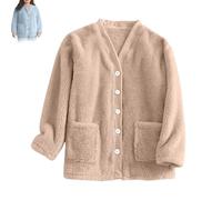 Genérico Women Fuzzy Fleece Jacket Pajama Tops V-Neck Button Down Sleepwear Loose at Home Casual Warm Winter Coat with Pockets (Khaki,XL)