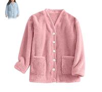 Genérico Women Fuzzy Fleece Jacket Pajama Tops V-Neck Button Down Sleepwear Loose at Home Casual Warm Winter Coat with Pockets (Pink,XXL)