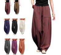 Genérico Women Linen Barrel Baggy Summer Pant, Wide Leg High Waisted Palazzo Harem Pants, Flowy Loose Fit Lantern Casual Trousers