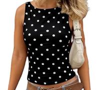 Genérico Women Polka Dot Tank Top Y2K Sleeveless Crewneck Slim Fit Crop Top Slim Fit Crew Neck Going out Summer Top (Black,S)