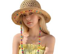 Genérico Women Rainbow Beaded Straw Beach Hat, Crochet Wide Brim Summer Sun Hat, Foldable Floppy Lightweight Woven Bucket Hats
