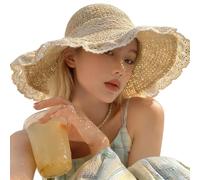 Genérico Women Rainbow Beaded Straw Beach Hat, Crochet Wide Brim Summer Sun Hat, Foldable Floppy Lightweight Woven Bucket Hats