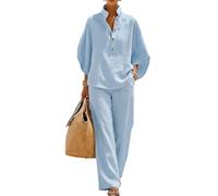 Genérico Women’s Batwing Sleeve Linen Cotton Two-Piece Set - Casual Shirt & Wide Leg Pants Outfits, Embrace the Trend (Light Blue,XXL)