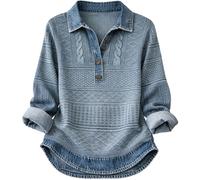 Genérico Women’s Collared Cotton Sweater with Buttons, Vintage Denim Patchwork Pullover, Long Sleeve Waffle Knit Casual Top(S)