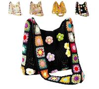 Genérico Women’s Crochet Ethnic Shoulder Bag, Boho Crochet Bag, Boho Crochets Beach Bag With Cute Flower, Ethnic Embroidery Handbag (Black)