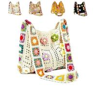 Genérico Women’s Crochet Ethnic Shoulder Bag, Boho Crochet Bag, Boho Crochets Beach Bag With Cute Flower, Ethnic Embroidery Handbag (Beige)