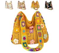Genérico Women’s Crochet Ethnic Shoulder Bag, Boho Crochet Bag, Boho Crochets Beach Bag With Cute Flower, Ethnic Embroidery Handbag (Yellow)