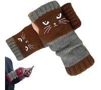 Genérico Women’s Fingerless Gloves - Knit Cat Embroidery Design, Vintage Winter Fashion Casual Splicing Gloves, for Warm Hands & Free Fingers Everyday Wear (Brown)