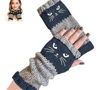 Genérico Women’s Knitted Fingerless Gloves with Cat Embroidery, Vintage Cat Themed, Thick Warm Winter Gloves (Blue)