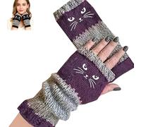 Genérico Women’s Knitted Fingerless Gloves with Cat Embroidery, Vintage Cat Themed, Thick Warm Winter Gloves (Purple)