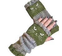 Genérico Women’s Knitted Fingerless Gloves with Cute Cat Embroidery, Cat Embroidery Splicing Knitted Gloves, Cat Themed Warm Glove (Green)