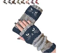 Genérico Women’s Knitted Fingerless Gloves with Cute Cat Embroidery - Cat Embroidery Splicing Knitted Gloves,Warm Glove,2026 New (Navy Blue,One Size)
