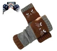 Genérico Women’s Knitted Fingerless Gloves with Cute Cat Embroidery, Cat Embroidery Splicing Knitted Gloves, Cat Themed Warm Glove (Coffee)