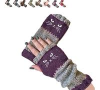 Genérico Women’s Knitted Fingerless Gloves with Cute Cat Embroidery - Cat Embroidery Splicing Knitted Gloves,Warm Glove,2026 New (Purple,One Size)