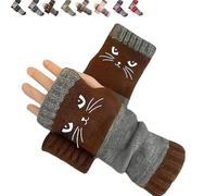 Genérico Women’s Knitted Fingerless Gloves with Cute Cat Embroidery - Cat Embroidery Splicing Knitted Gloves,Warm Glove,2026 New (Brown,One Size)